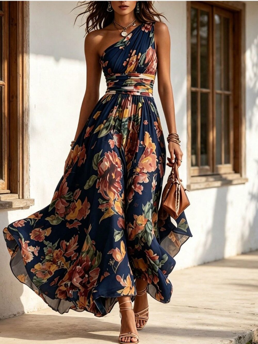 One Shoulder Floral Print Maxi Dress, Ruched Waist Flowy Ruffle Hem Long Dress